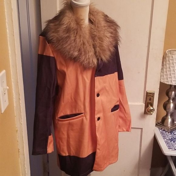 Womens Orange & Navy Color Block  Faux Fur Removable Collar Coat New Wool Look L - Picture 3 of 13